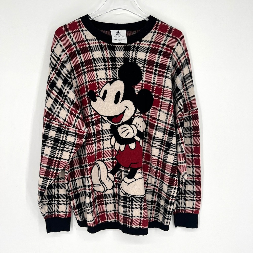 Disney Spirit‎ Jersey L Mickey Mouse Plaid Holiday Red Sweater Disneyland